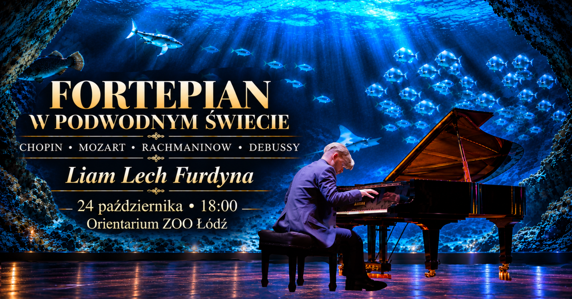 Liam Lech Furdyna • Łódź 24.10.2026 • Chopin, Mozart, Rachmaninow, Debussy • Tunel oceaniczny Orientarium